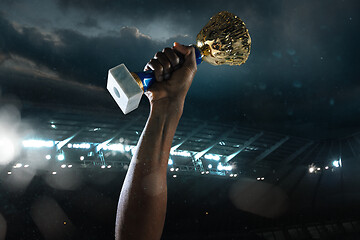 Image showing Award of victory, male hands tightening the cup of winners against cloudy dark sky