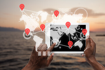 Image showing Food and goods purchase via the Internet. Your smartphone or other gadget - all you need for food arriving to any address