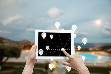 Image showing Food and goods purchase via the Internet. Your smartphone or other gadget - all you need for food arriving to any address