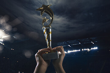 Image showing Award of victory, male hands tightening the cup of winners against cloudy dark sky