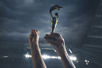 Image showing Award of victory, male hands tightening the cup of winners against cloudy dark sky