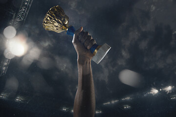 Image showing Award of victory, male hands tightening the cup of winners against cloudy dark sky