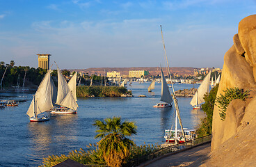 Image showing felucca boats on Nile river in Aswan