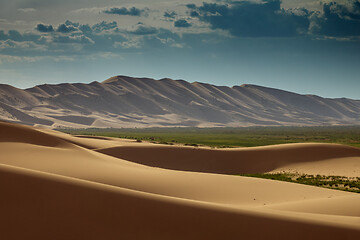 Image showing Sand dunes in Gobi Desert at sunset