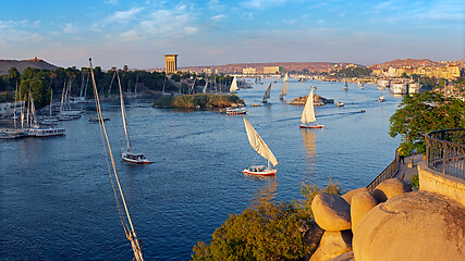 Image showing felucca boats on Nile river in Aswan