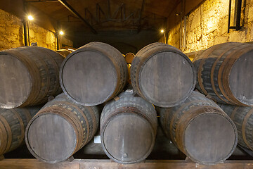 Image showing barrel filled with port wine in wine cellar