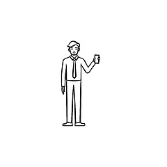 Image showing Man with electronic tablet hand drawn sketch icon.