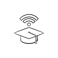 Image showing Graduation cap with network wifi sign sketch icon