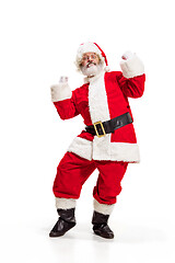Image showing Hey, hello. Holly jolly x mas festive noel. Full length of funny santa in headwear, costume