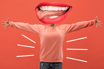 Image showing Collage in magazine style with happy emotions and female lips instead of head.