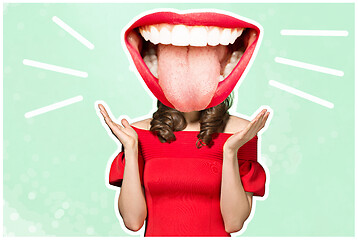 Image showing Collage in magazine style with happy emotions and female lips instead of head.