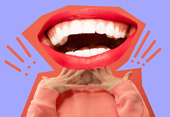 Image showing Collage in magazine style with happy emotions and female lips instead of head.