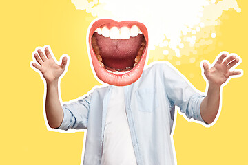 Image showing Collage in magazine style with happy emotions and female lips instead of head.