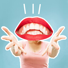 Image showing Collage in magazine style with happy emotions and female lips instead of head.