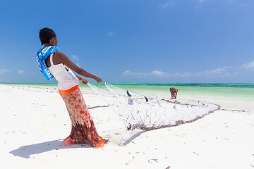 Image showing Traditional african local rural fishing on Paje beach, Zanzibar, Tanzania. Traditionally dressed local woman pulling fishing net, catching small fish.