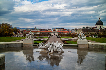 Image showing Fountain with ancient sculptures in baroque style before Schloss Belvedere in Vienne.