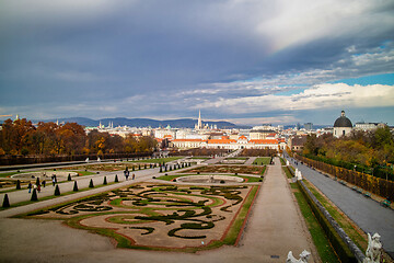 Image showing Baroque palace complex Schloss Belvedere with regular parterre garden in Vienna.