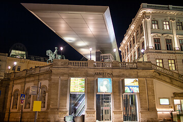 Image showing VIENNA, AUSTRIA - November 11, 2015: Facade of Albertina Museum modern building at night in Vienna, Austria.