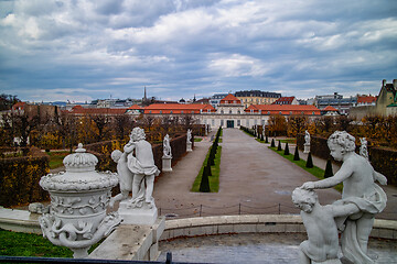 Image showing Marble statues in baroque style before Schloss Belvedere in Vienne.