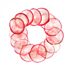 Image showing Round frame from transparent slices of freshly picked and cut natural organic radish.