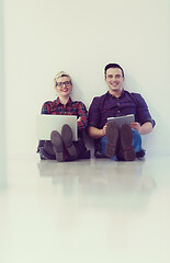 Image showing startup business, couple working on laptop computer at office