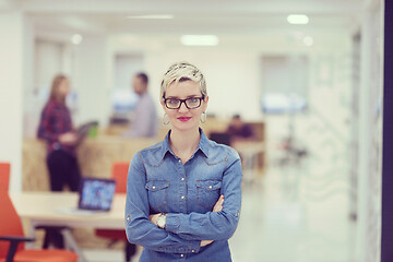 Image showing portrait of young business woman at office with team in backgrou