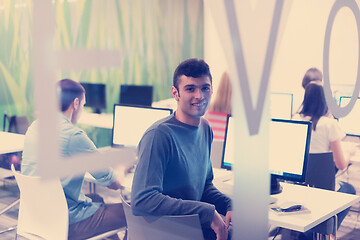 Image showing technology students group working  in computer lab school  class