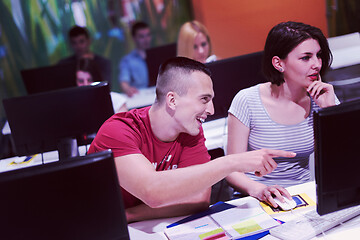 Image showing technology students group working  in computer lab school  class