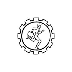 Image showing Man running in the gear hand drawn sketch icon.