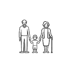 Image showing Grandparents and grandson hand drawn sketch icon.