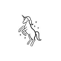 Image showing Unicorn with magic stars hand drawn sketch icon.