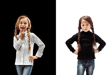 Image showing portrait of two emotional girls on a white and black background