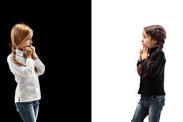 Image showing portrait of two happy girls on a white and black background