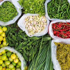 Image showing Farmers market with various domestic colorful fresh fruits and vegetable.