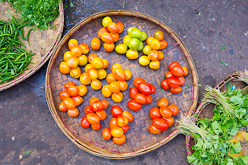 Image showing Fresh red tomatoes in basket beeing sold on local asian farmers market