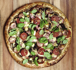 Image showing Pizza with Sausages and Tomatoes