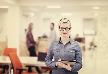 Image showing portrait of young business woman at office with team in backgrou