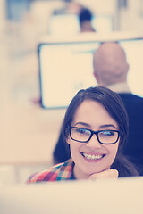 Image showing startup business, woman  working on desktop computer