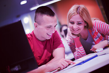 Image showing technology students group working  in computer lab school  class