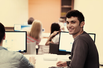 Image showing technology students group working  in computer lab school  class