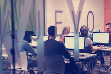 Image showing technology students group working  in computer lab school  class