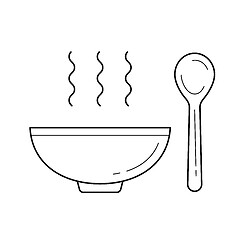 Image showing Bowl of soup with spoon vector line icon.