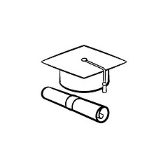 Image showing Cap of graduate and certificate hand drawn icon.