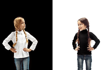 Image showing portrait of two emotional girls on a white and black background