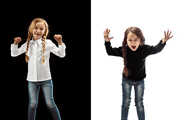 Image showing portrait of two emotional girls on a white and black background