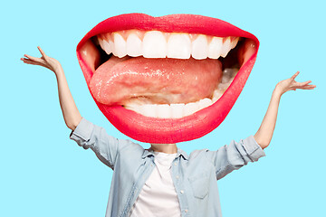 Image showing Collage in magazine style with happy emotions and female lips instead of head.