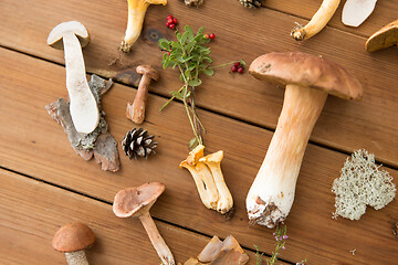 Image showing different edible mushrooms on wooden background