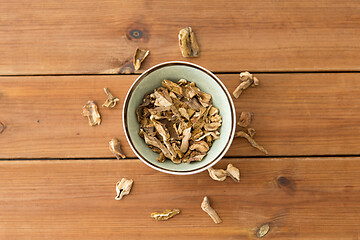 Image showing dried mushrooms in bowl on wooden background