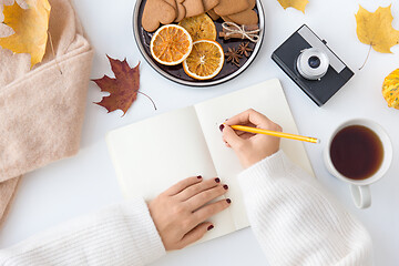 Image showing woman\'s hands writing to notebook in autumn