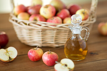 Image showing apples in basket and jug of vinegar on table